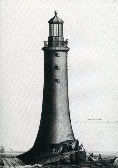 Zuidelijke elevatie van de stenen vuurtoren voltooid op de Edystone in 1759, 1763 door Edward Rooker
